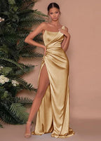 Solara One-Shoulder Satin Gown – Gold Side-Slit Evening Dress