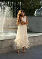 Celestine Ruffle Cape Maxi Dress – Sheer Layered Flowy Elegant Evening Dress