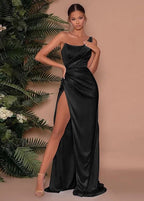 Solara One-Shoulder Satin Gown – Gold Side-Slit Evening Dress