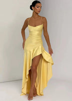 Scarlet Cascade Satin Evening Dress with High Slit
