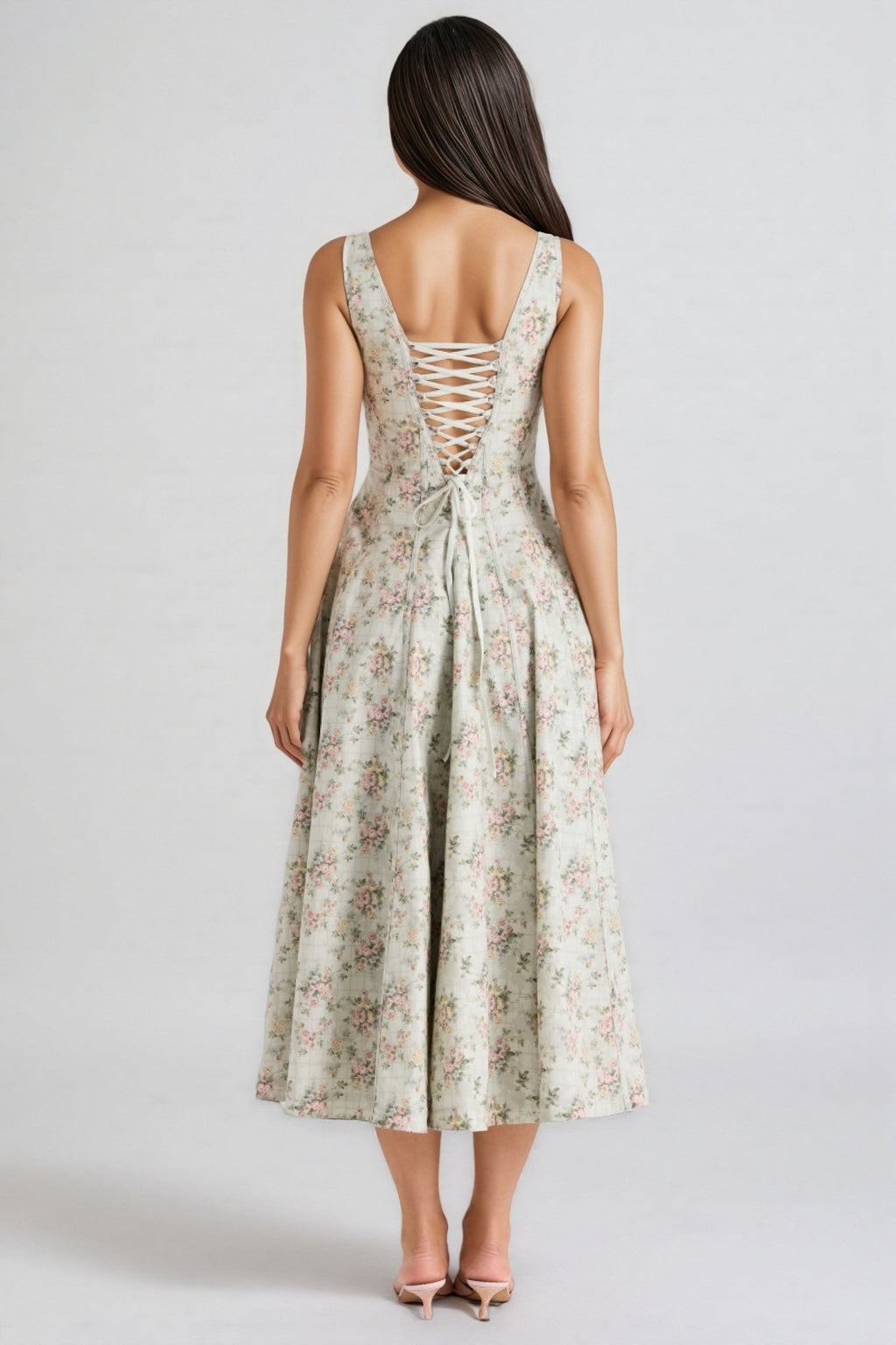 Yaralt Sage Floral Print Cotton Midi Dress