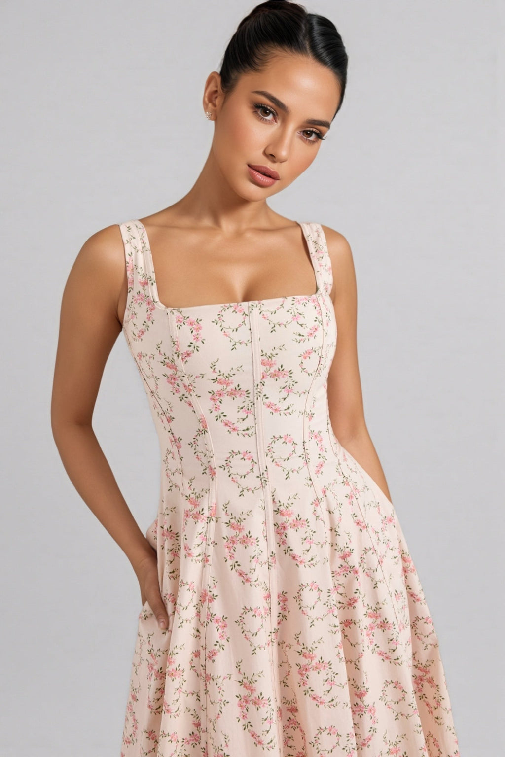 Valely Floral Print Cotton Midi Dress
