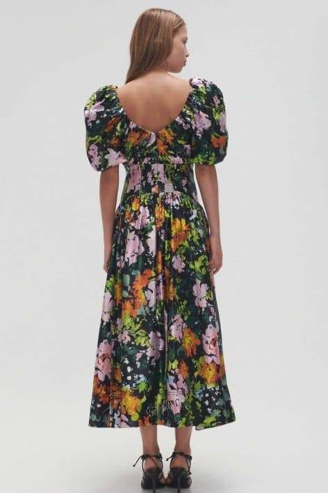 Melisa Premium Printed Midi Dress with V Neck and Puff Sleeves Elevated Occasion Wear
