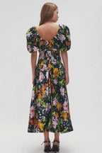 Xaviera Exclusive Printed Midi Dress with V Neck and Puff Sleeves Premium Wardrobe Essential