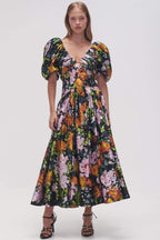 Xaviera Exclusive Printed Midi Dress with V Neck and Puff Sleeves Premium Wardrobe Essential