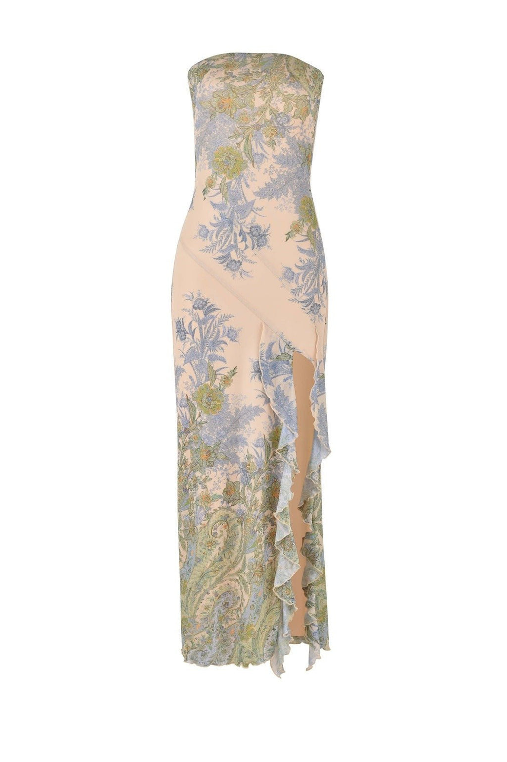 María Chic Eugenia Printed Strapless Midi Dress with Slit Elevated Occasion Wear