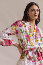 María Boutique José Printed Mini Dress with Ruffles and Lace Trim Statement Occasion Edit
