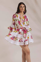 María Boutique José Printed Mini Dress with Ruffles and Lace Trim Statement Occasion Edit