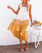 Melody Of Summer Pocketed High Low Tiered Midi Dress Mustard
