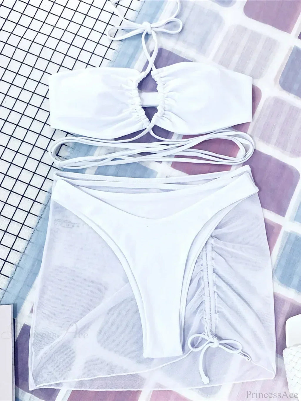 Mesh Sarong Skirt Bikini Three Piece Swimsuit