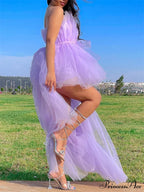 Mesh Sheer Elegant Women Formal Ball Gown  Strapless Off Shoulder High Waist Asymmetrical Hem Tulle