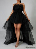 Mesh Sheer Elegant Women Formal Ball Gown  Strapless Off Shoulder High Waist Asymmetrical Hem Tulle