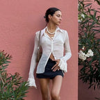 Mesh Sheer Flare Sleeve Crop Blouse