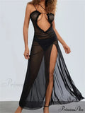 Mesh Sheer See Through for Women Sexy Sleeveless Strap Ruffle Deep V-neck High Split Beach Cover Ups