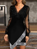 Mesh Stitching Tight fit Irregular V Neck Dress Women