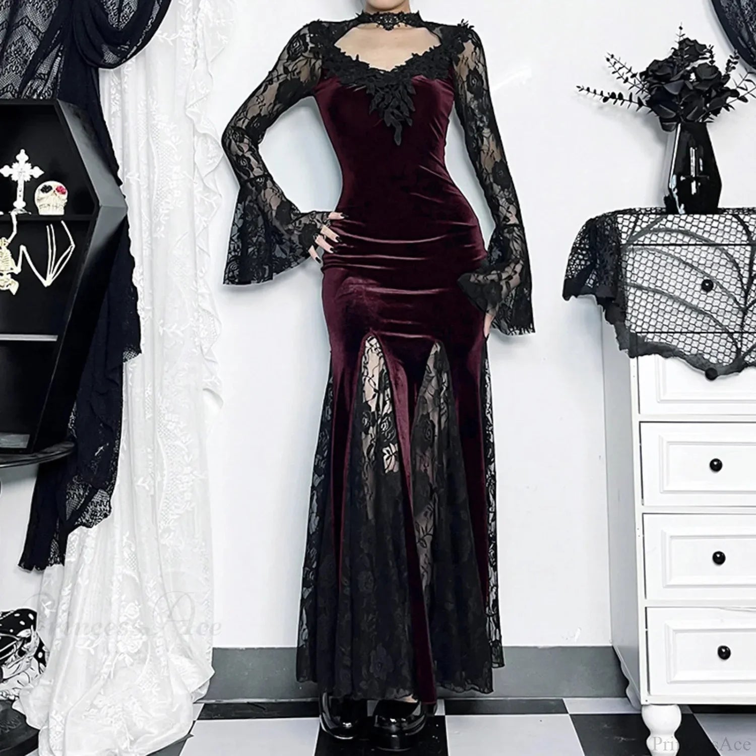 Mesh Velvet Hollow Out Long Dress
