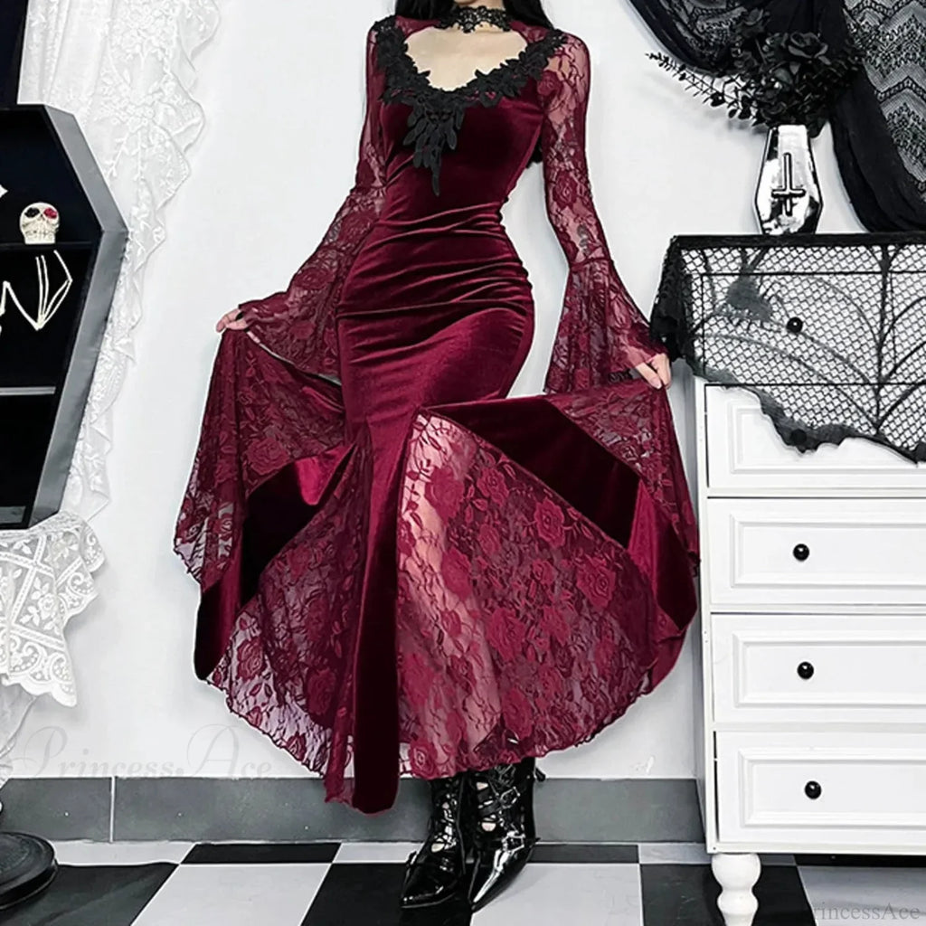 Mesh Velvet Hollow Out Long Dress