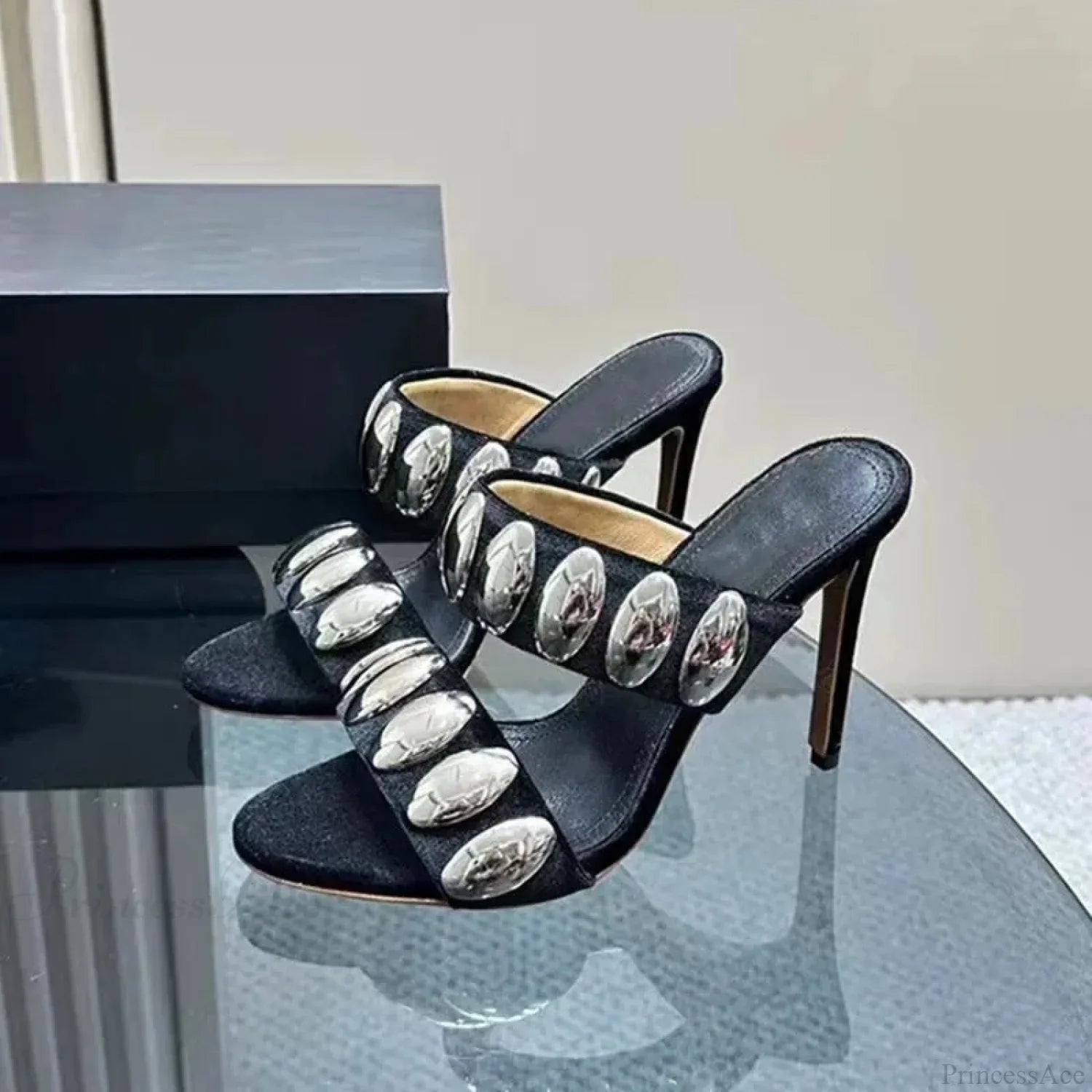 Metal Ornamental Gothic Suede Slippers Tall Heel