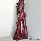 Metallic PU Leather High-Waist Flared Pants