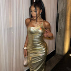 Ruched Spaghetti Strap One Shoulder Bodycon Party Maxi Dress - Gold