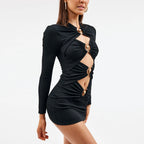 Ruched Trim Cut Out Long Sleeve Bandage Party Mini Dress - Black