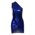 Ruched Twist Trim One Shoulder Bodycon Party Mini Dress - Silver
