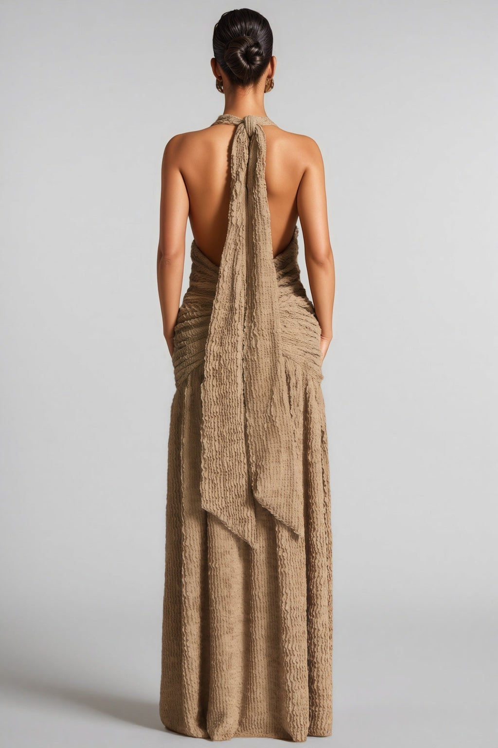 Secyij Khaki High-Slit Backless Maxi Dress