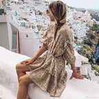 Mini Dress Boho Vintage Long Sleeve Floral Print Autumn Beach Dress
