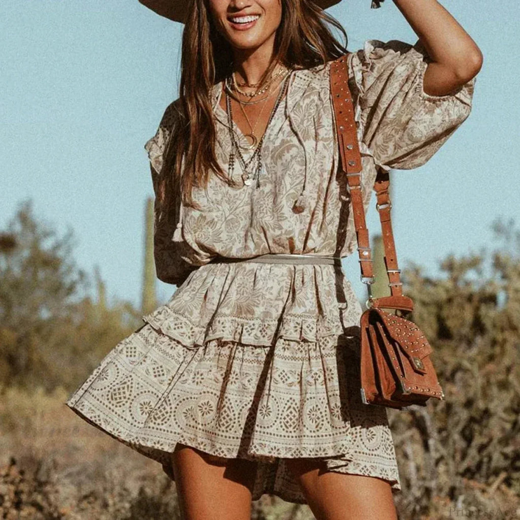 Mini Dress Boho Vintage Long Sleeve Floral Print Autumn Beach Dress