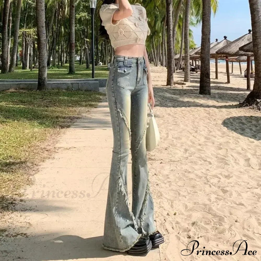 Minimalist Literary Versatile Japanese Dark Micro Flared High Waisted Fashion Jean
