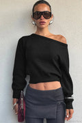 Minimalist Slim Asymmetrical Neck Long Sleeve Blouse