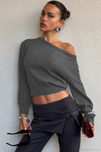 Minimalist Slim Asymmetrical Neck Long Sleeve Blouse