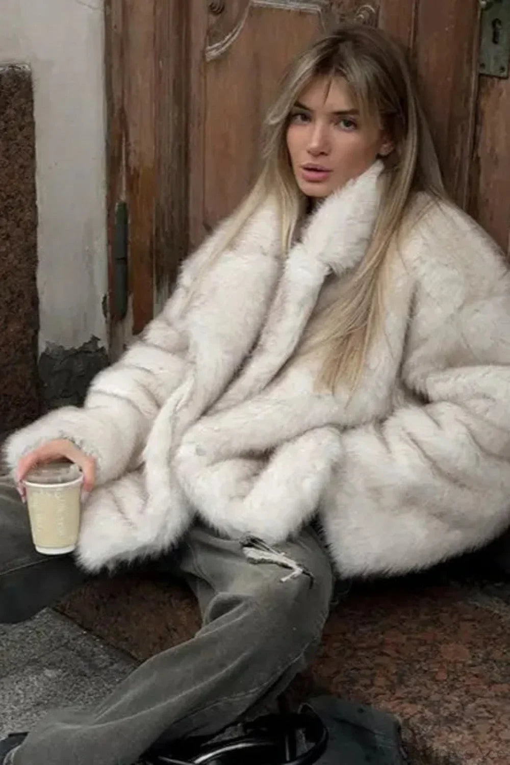Minimalist Solid Color Plush Tip-Dyed Faux Fox Fur Oversized Coat