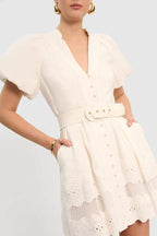 Laura Timeless Mini Dress with Embroidered V Neck Premium Wardrobe Essential