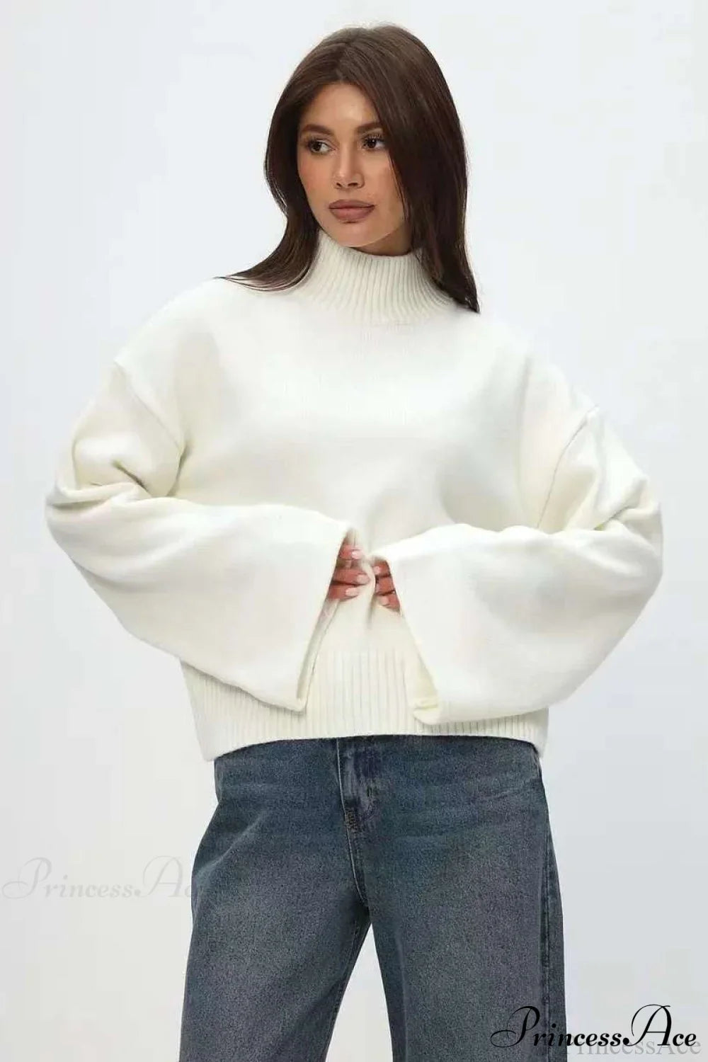 Mock Neck Bell-Sleeve Loose Short Sweater
