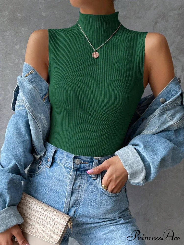 Mock Neck Ribbed Knit Tank Top