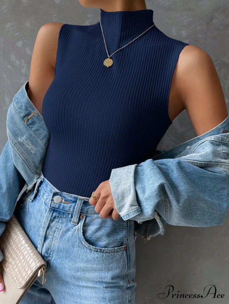 Mock Neck Ribbed Knit Tank Top
