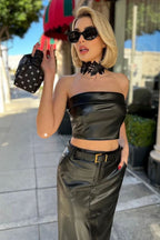 Modern Vegan Leather Crop Tube Top Maxi Skirt Two Piece Dress - Black