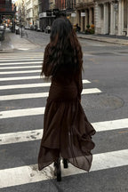 Moody Brown Chiffon Long Sleeve Asymmetrical Two Piece Set