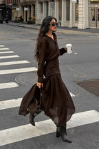 Moody Brown Chiffon Long Sleeve Asymmetrical Two Piece Set