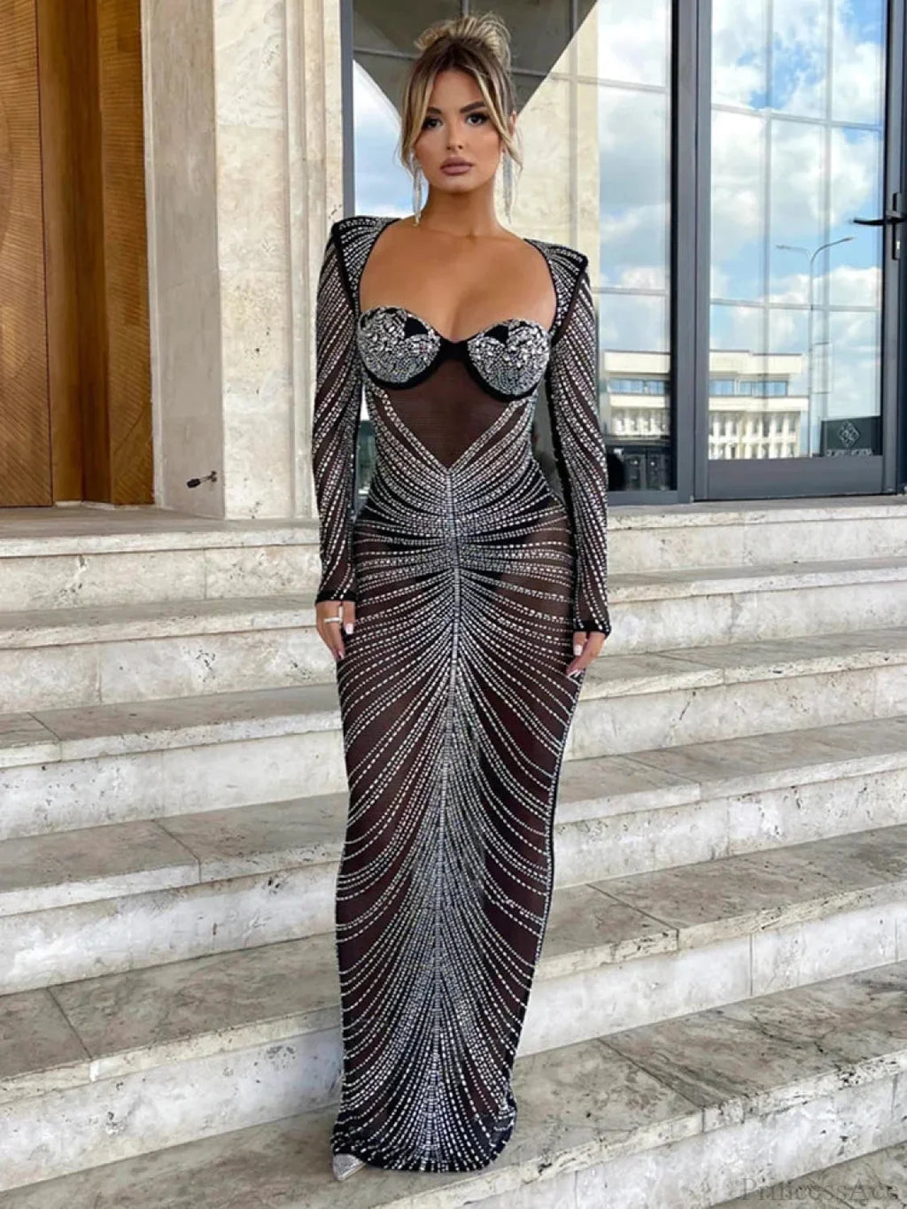 Mozision Glitter Mesh See Through Party Maxi Dress For Women Party Dress