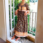 Multi Floral Print Tie Neck Tassel Vintage Bohemian Maxi Dress