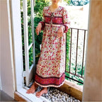 Multi Floral Print Tie Neck Tassel Vintage Bohemian Maxi Dress