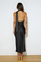 Xandra Statement Cowl Satin Halterneck Midi Dress Designer Edit
