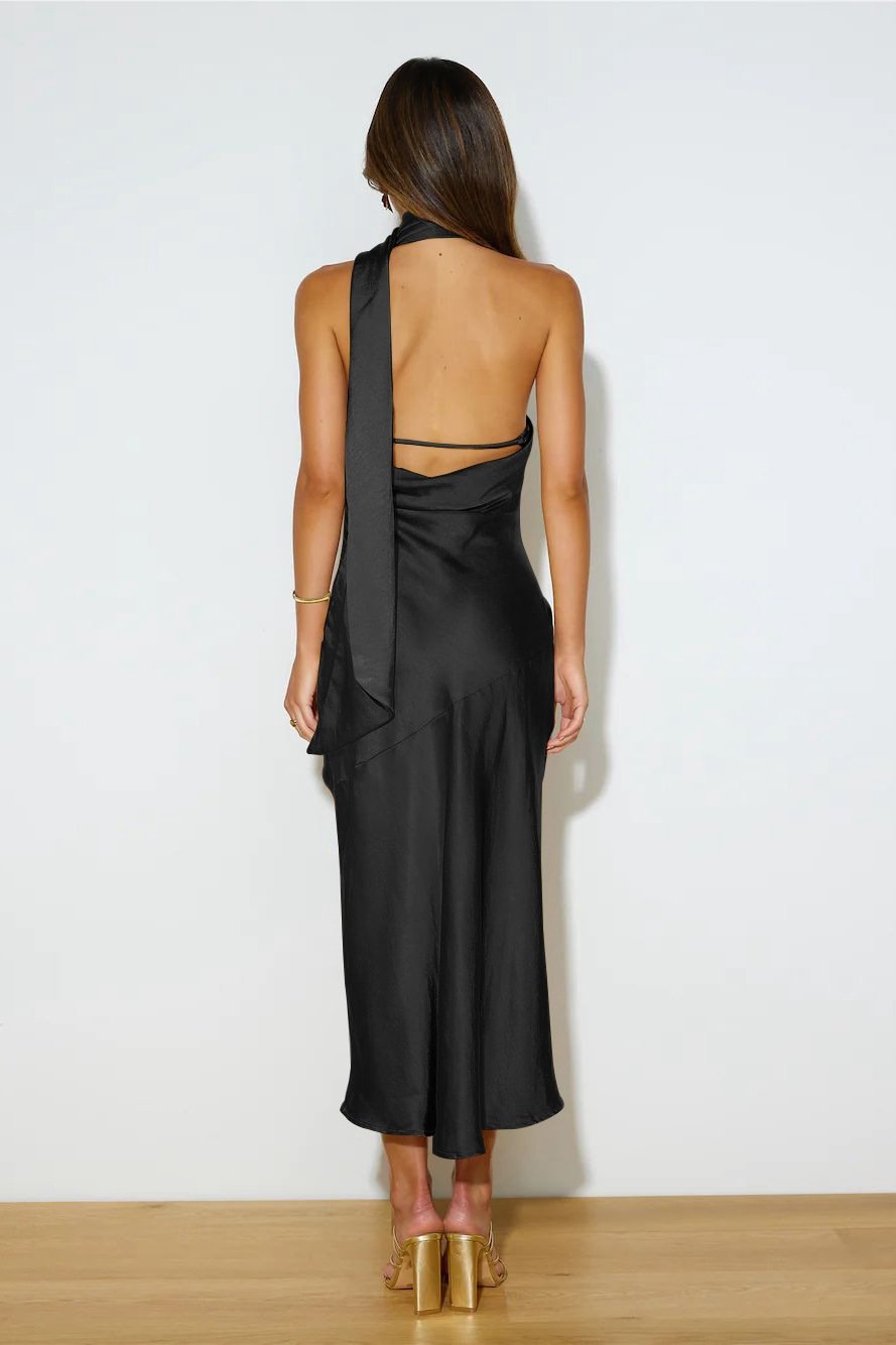 Xandra Statement Cowl Satin Halterneck Midi Dress Designer Edit