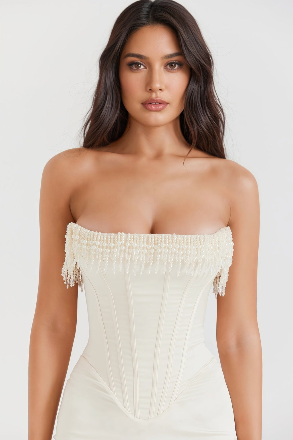 Nikki Cream Embellished Strapless Midi Dress