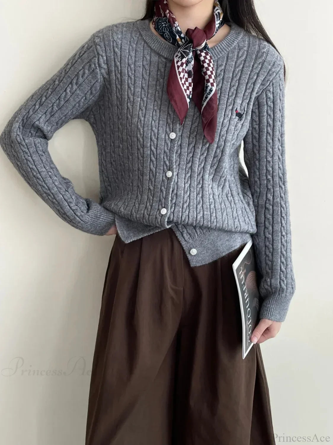 Navy Blue Cable Knit Cartoon Embroidered Trendy Cardigan Sweater