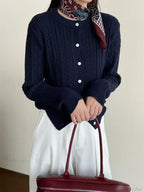 Navy Blue Cable Knit Cartoon Embroidered Trendy Cardigan Sweater