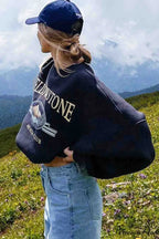 Navy Blue Crew Neck Long Sleeve Sweatshirt with Print