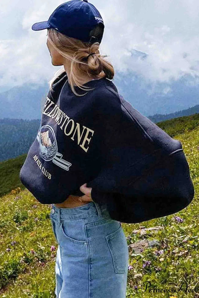 Navy Blue Crew Neck Long Sleeve Sweatshirt with Print